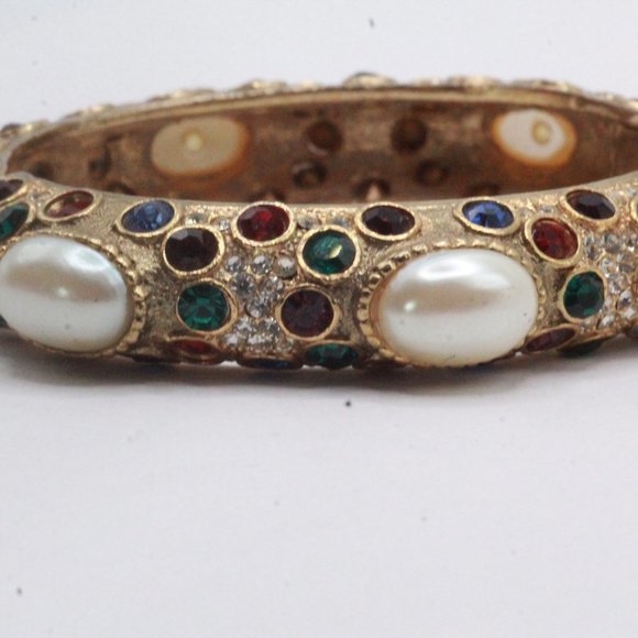 Sphinx Unsigned Runway Couture Multicolor Faux Pearl Pave´ Rhinestones Bangle - Picture 7 of 11